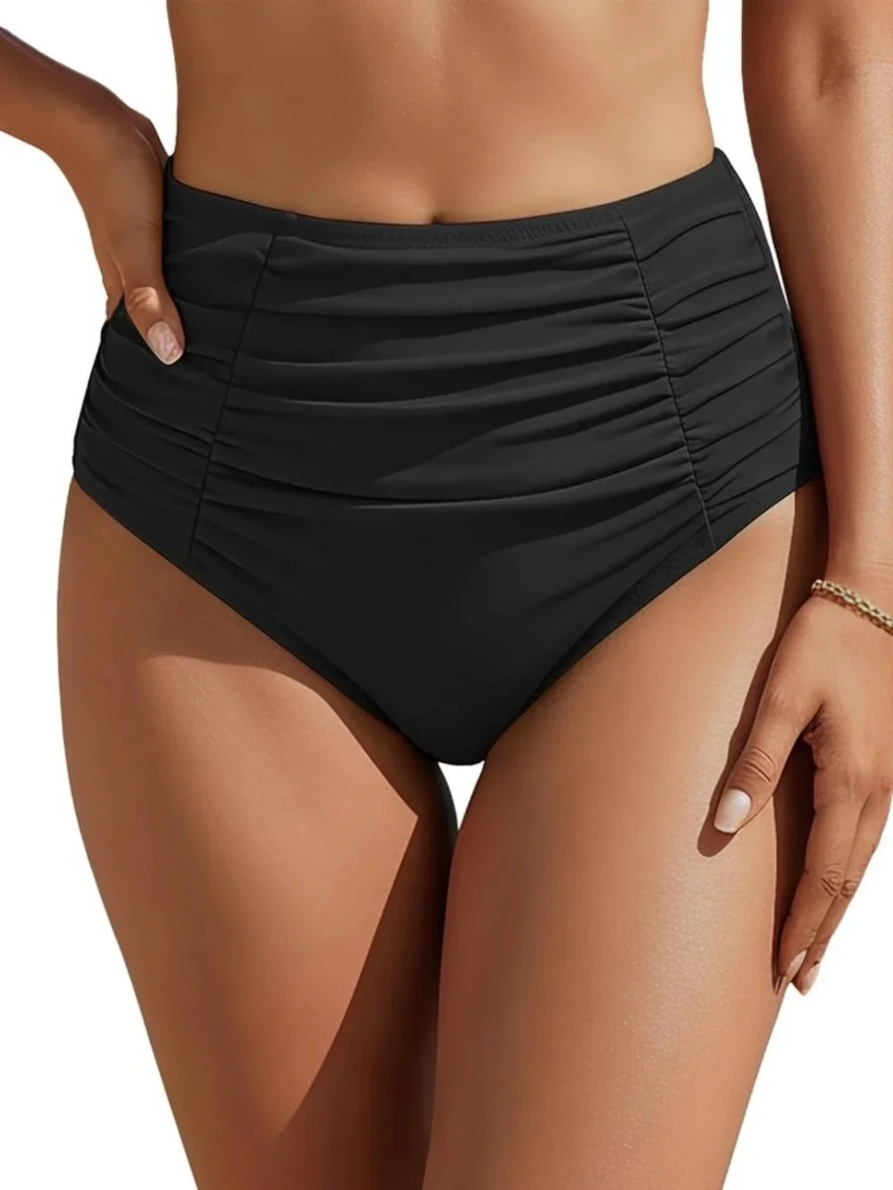High-Waisted Tummy Control Bikini Bottoms | Ruched Full Coverage Retro Swimwear